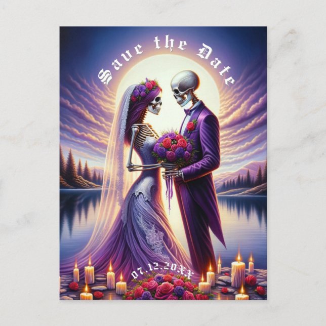 Gothic Skeleton Couple Red Roses Save the Date Announcement Postcard (Front)