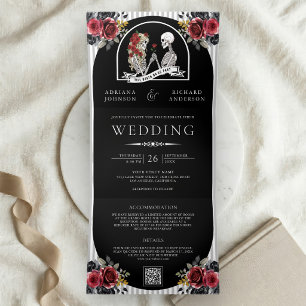 Gothic Skeleton Couple Roses Black QR Code Wedding Tri-Fold Invitation