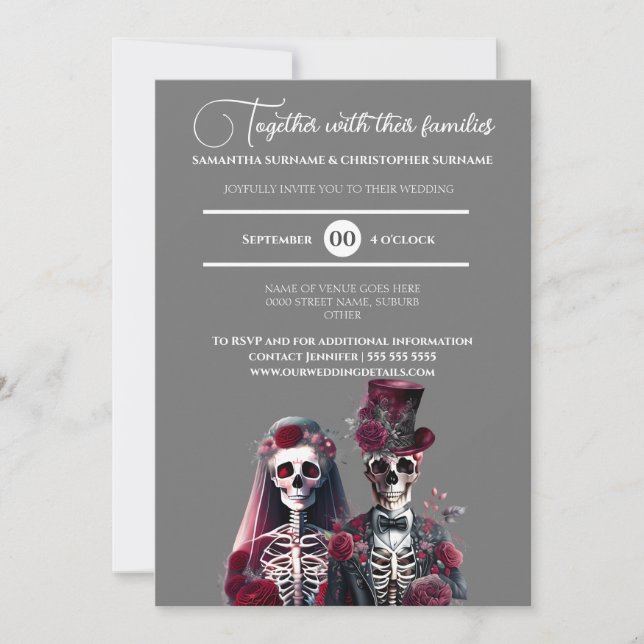 Gothic skeleton dead bride groom burgundy gray  invitation (Front)