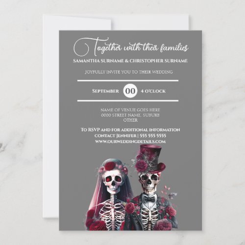 Gothic skeleton dead bride groom burgundy gray  invitation