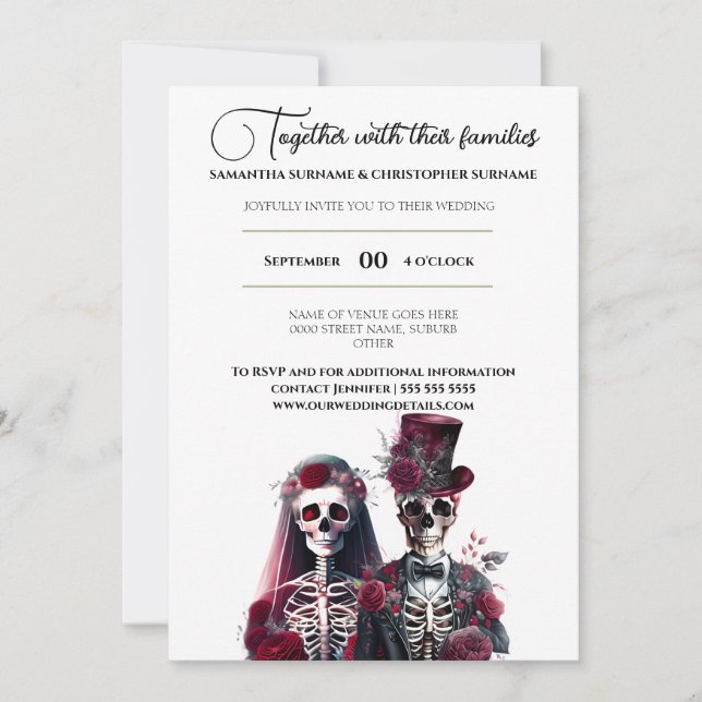 Gothic skeleton dead bride groom burgundy white invitation (Front)