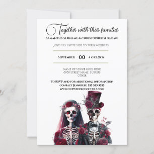 Gothic skeleton dead bride groom burgundy white invitation