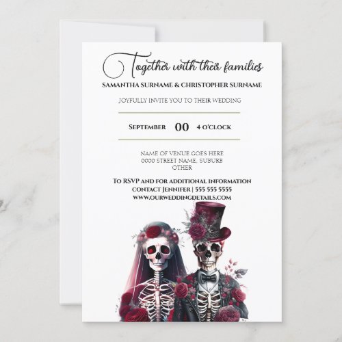 Gothic skeleton dead bride groom burgundy white invitation