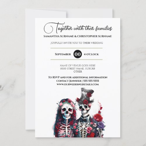 Gothic skeleton dead bride groom red white invitation