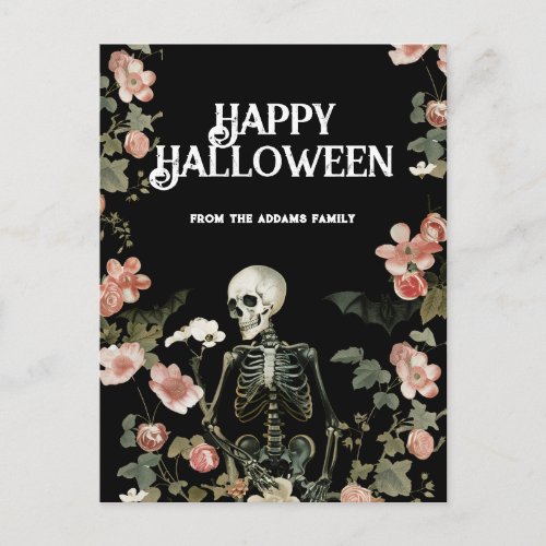 Gothic Skeleton Garden Pink Floral Happy Halloween Postcard
