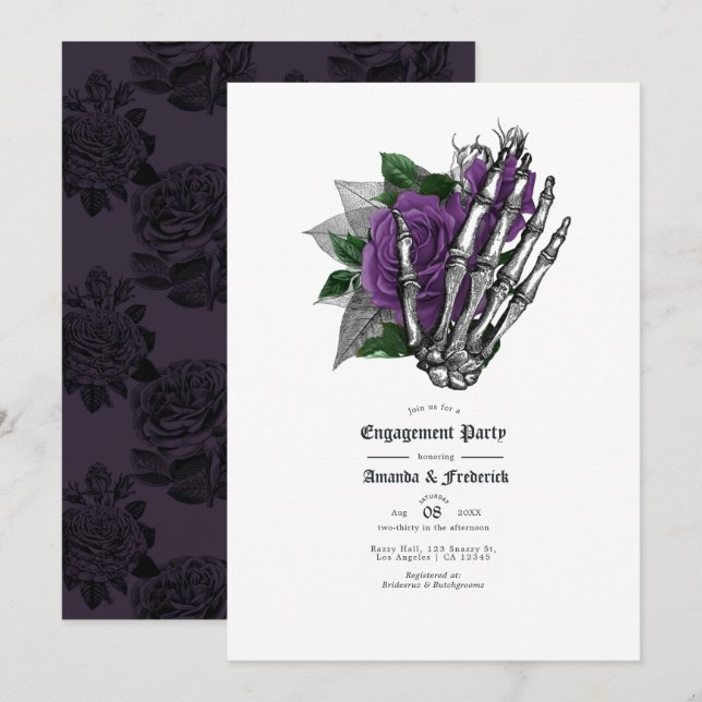 Gothic Skeleton Hand and Purple Rose Engagement Invitation (Front/Back)