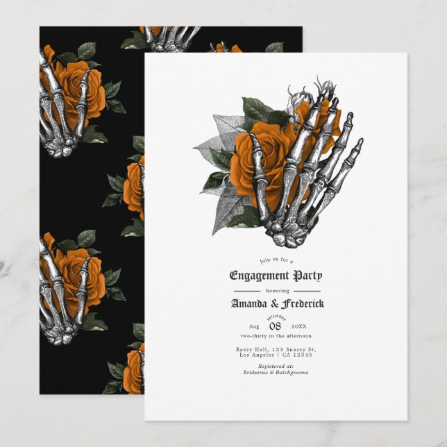 Gothic Skeleton Hand and Rose Engagement Party Invitation (Front/Back)
