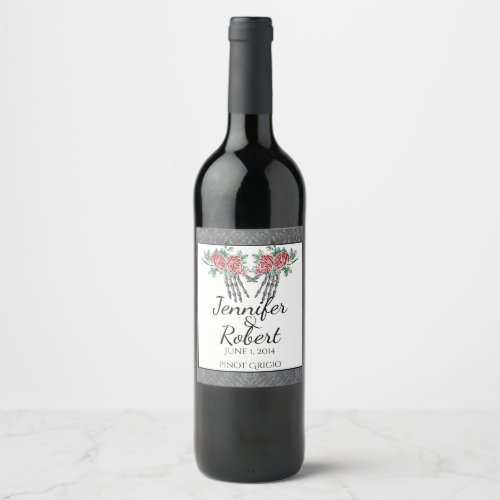 Gothic skeleton Hands and Roses Wedding Wine Label