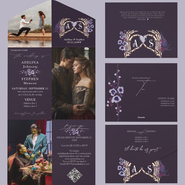 Gothic Skeleton Hands Dark Romance Floral Wedding All In One Invitation (Gothic Skeleton Hands Dark Romance Victorian Renaissance Dramatic Floral AIO Wedding Invitation)