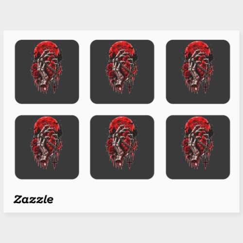 Gothic Skeleton Hands Red Roses Halloween Horror D Square Sticker