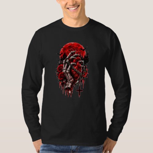 Gothic Skeleton Hands Red Roses Halloween Horror D T-Shirt