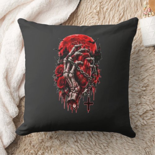 Gothic Skeleton Hands Red Roses Halloween Horror D Throw Pillow