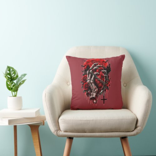 Gothic Skeleton Hands Red Roses Halloween Horror D Throw Pillow