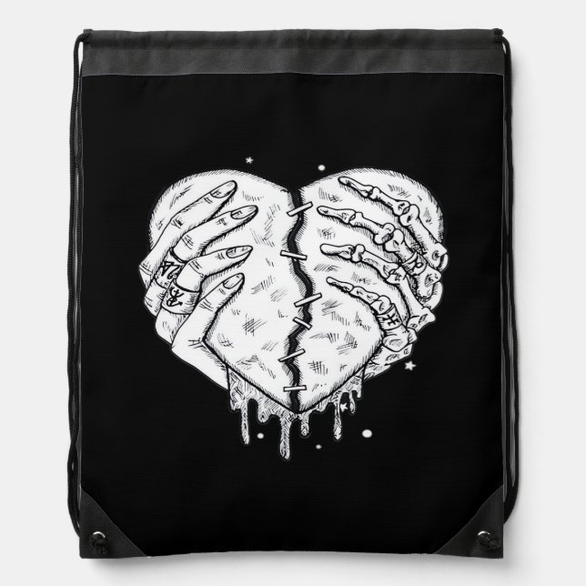 Gothic Skeleton Heart Hands Retro Aesthetic Drawstring Bag (Front)