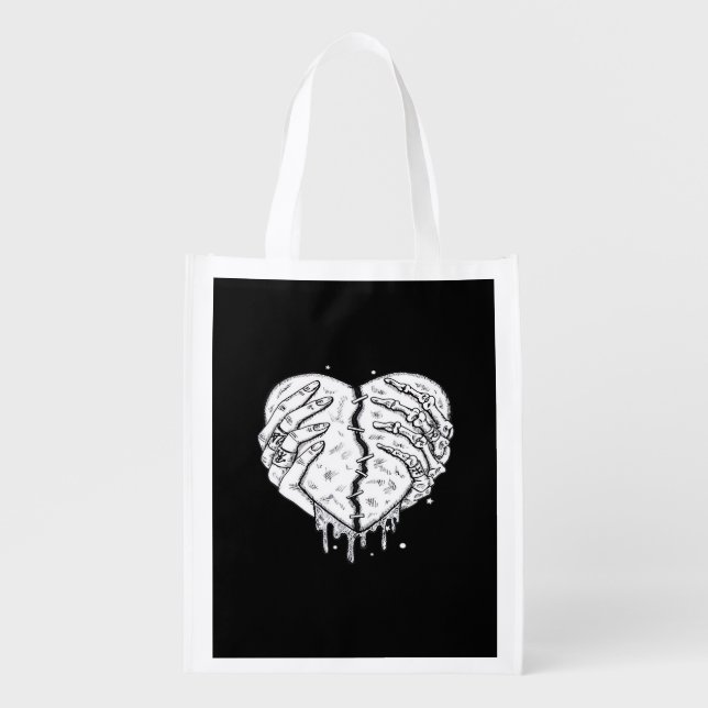 Gothic Skeleton Heart Hands Retro Aesthetic Grocery Bag (Front)