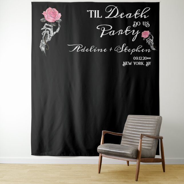 Gothic Skeleton Love Til Death Wedding Backdrop (In Situ)