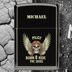 Gothic Skeleton Pilot Born To Ride Skies Custom Zippo Lighter