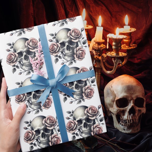 Gothic Skeleton Pink Flowers Cute Romantic  Wrapping Paper (Creator Uploaded)