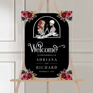 Gothic Skeleton Red Roses Black Wedding Welcome Acrylic Sign