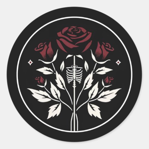 Gothic Skeleton Rib Roses Black Elegant Wedding  Classic Round Sticker