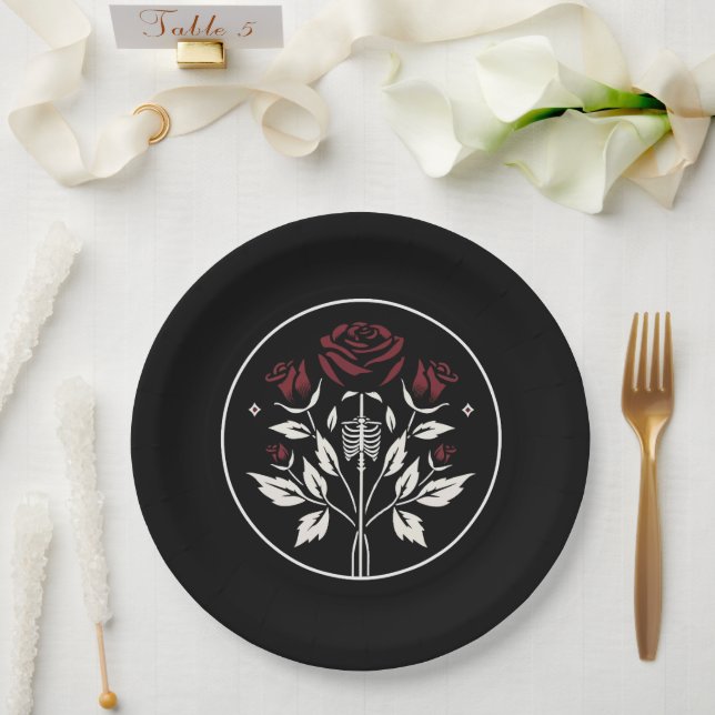 Gothic Skeleton Rib Roses Black Elegant Wedding  Paper Plates (Wedding)