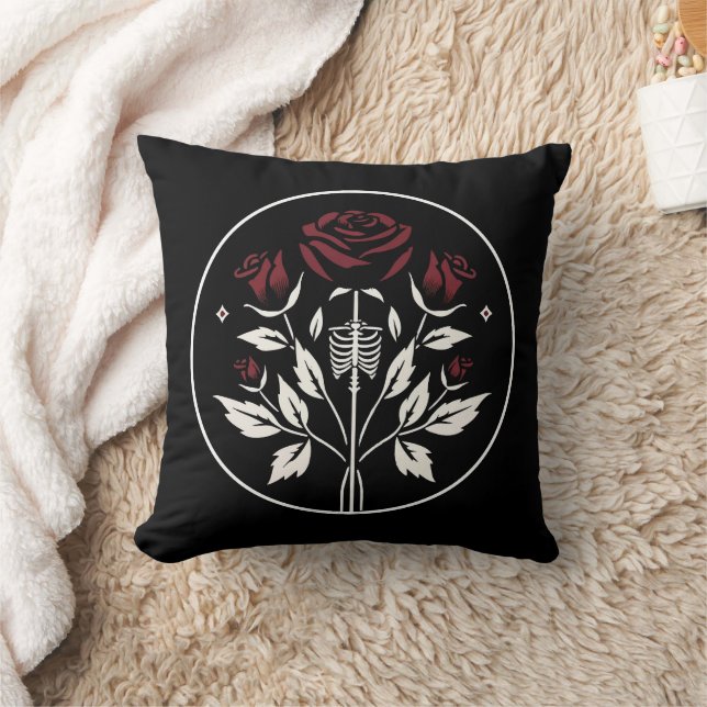 Gothic Skeleton Rib Roses Black Elegant Wedding  Throw Pillow (Blanket)