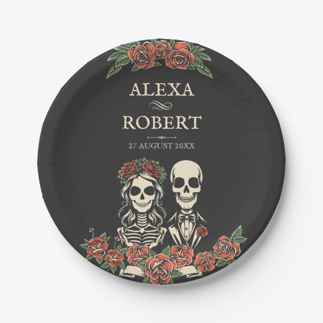 Gothic skeleton roses couple wedding  paper plates (Front)