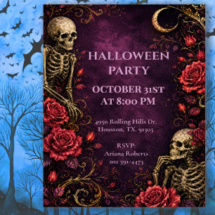 Gothic Skeleton Roses Halloween Party Invitation