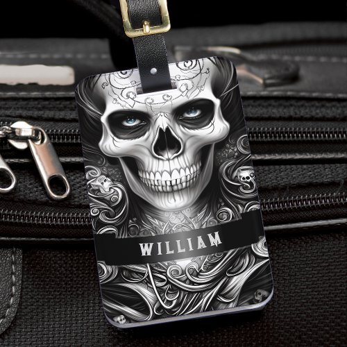 Gothic Skeleton Skull Black and White Name Luggage Tag