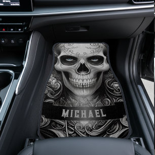 Gothic Skeleton Skull Black & White Name Car Floor Mat