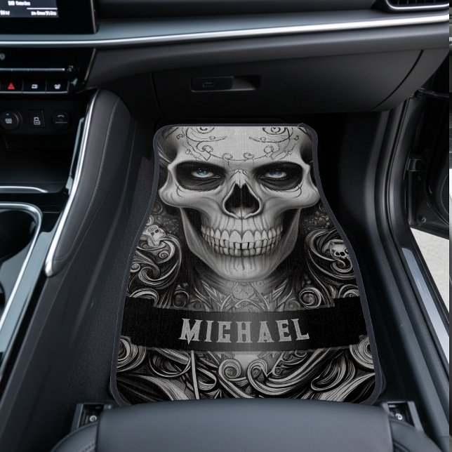 Gothic Skeleton Skull Black & White Name Car Floor Mat (Creator Uploaded)
