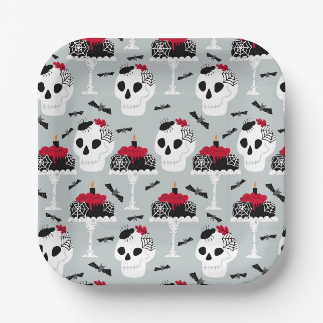 Gothic Skeleton Skull Party Cake Bats Spiders Paper Plates (Front)