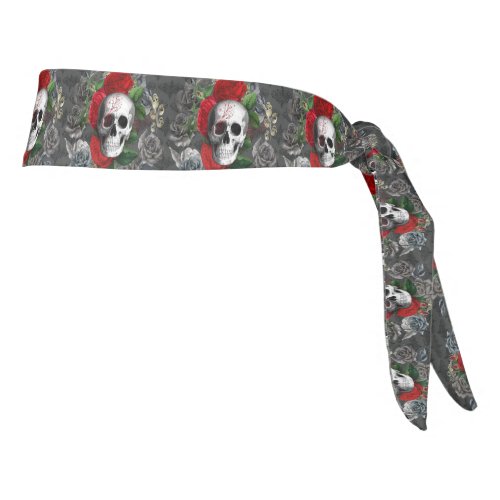 Gothic Skeleton Skull Red Roses Goth Halloween Tie Headband