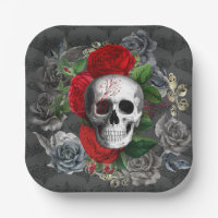 Gothic Skeleton Skull Red Roses Gray Floral Paper