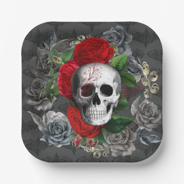Gothic Skeleton Skull Red Roses Gray Floral  Paper Plates (Front)