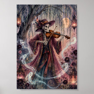 Gothic Skeleton Violinist Art Haunted Willow Moon Poster