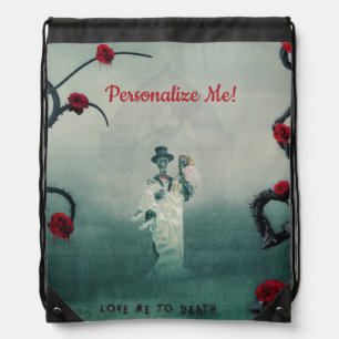 Gothic Skeleton Wedding Red Roses Personalize Drawstring Bag