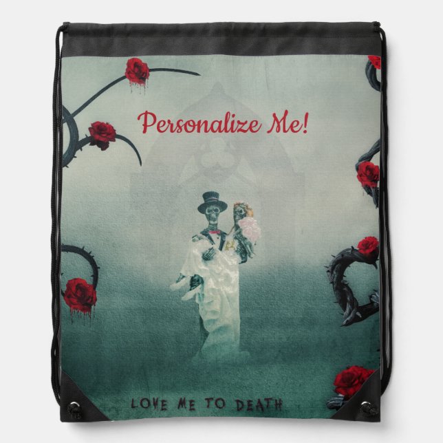 Gothic Skeleton Wedding Red Roses Personalize Drawstring Bag (Front)