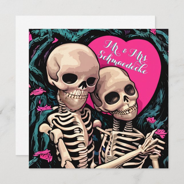 Gothic Skeleton Wedding Thank You Cards Pink Teal  (Front/Back)