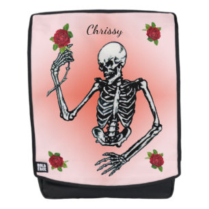 Gothic Skeleton With Elegant Red Roses on Pink Backpack