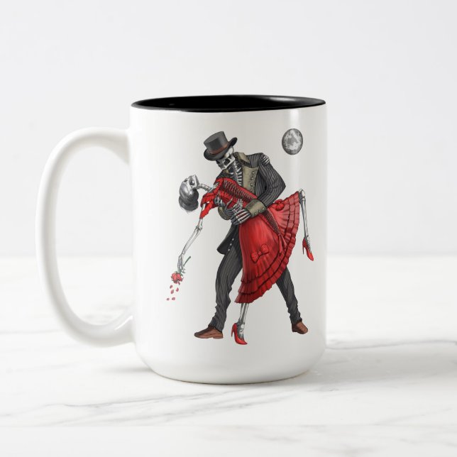 Gothic Skeletons Dancing Two-Tone Coffee Mug (Left)