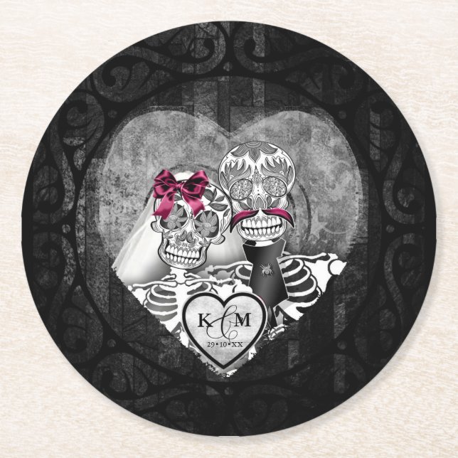 Gothic Skeletons Wedding Burgundy ID866 Round Paper Coaster (Front)