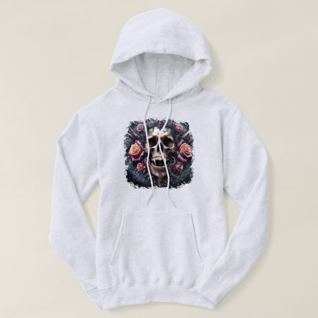 Gothic Skull Adorned with Roses Hoodie (Design Front)
