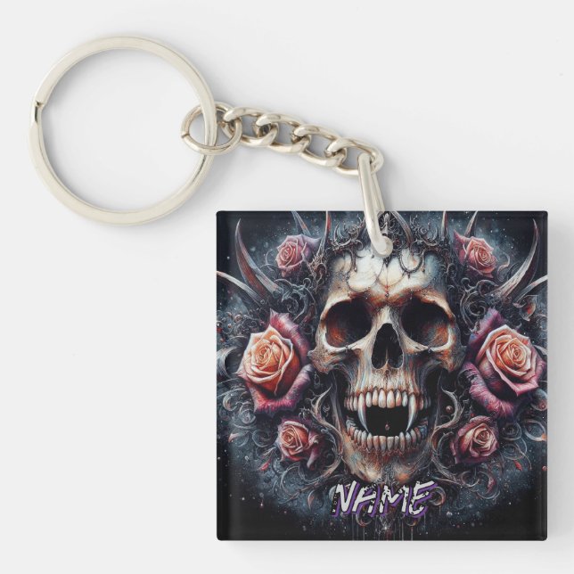 Gothic Skull Adorned with Roses Keychain (Front)