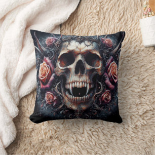 Gothic Skull Adorned with Roses Throw Pillow
