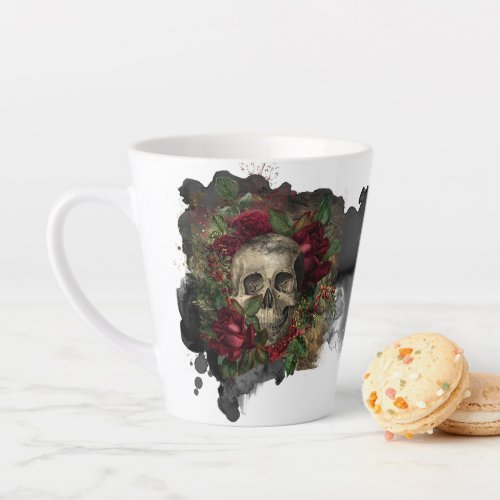 Gothic Skull Among Roses Over Ink Spill Latte Mug