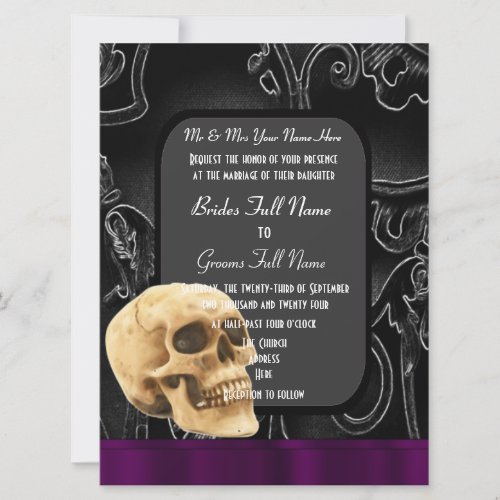 Gothic skull and black damask wedding invitation