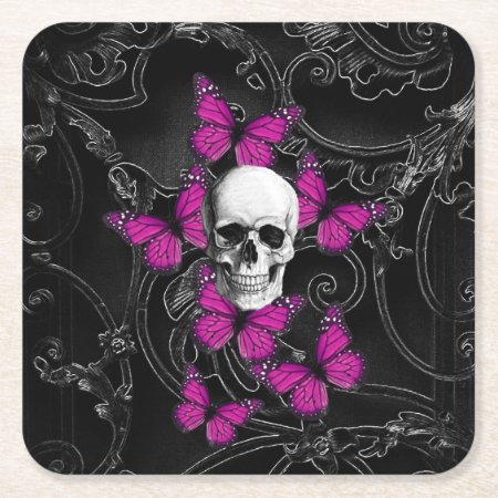 Gothic Skull And Butterflies Square Paper Coaster