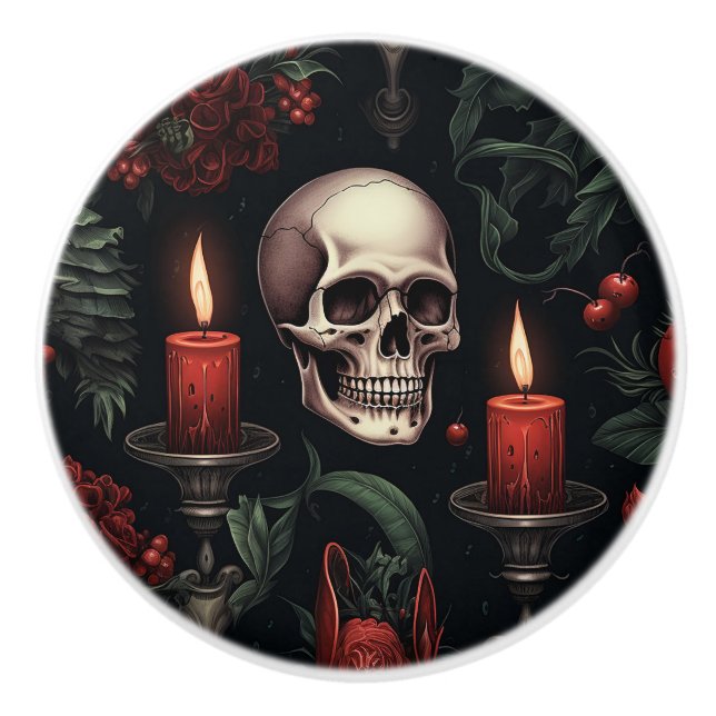 Gothic Skull and Candles Ceramic Knob (Front)
