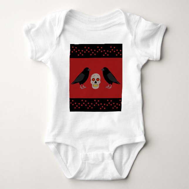 Gothic Skull and Guardian Ravens Halloween Baby Bodysuit (Front)